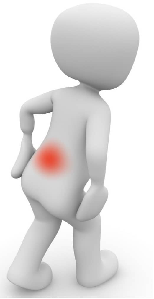 3D-Illustration einer Figur mit einem roten Punkt im unteren Rücken, der Schmerzen oder Beschwerden anzeigt.