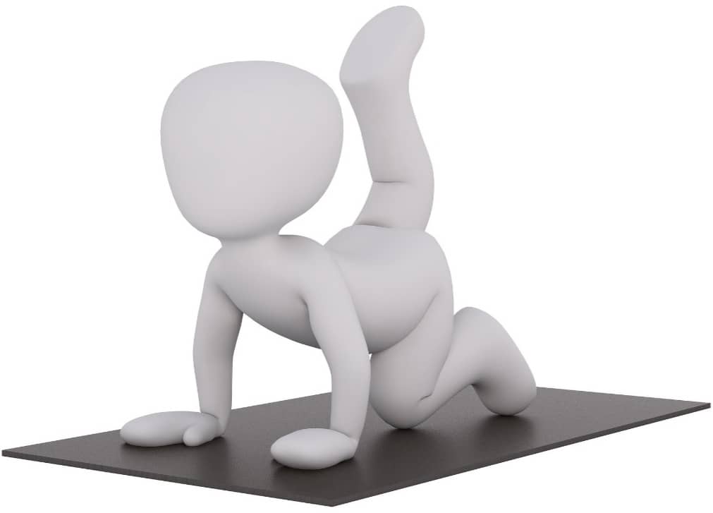 3D-Illustration einer Figur, die auf einer Matte eine Yoga-Pose zur Stärkung der Gesäßmuskulatur praktiziert.