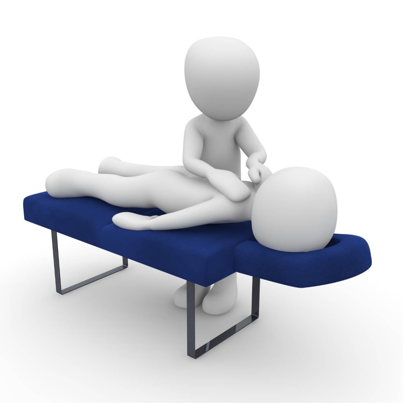Eine Figur, die einer anderen auf einem blauen Massagetisch eine Massage gibt und dabei hilft, ihre verspannten Muskeln zu lockern.